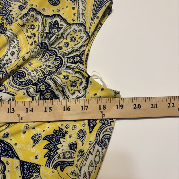 Lauren Ralph Lauren Wrap Ruched Dress Light Academia Stretchy Yellow Navy Sz 12 - Picture 7 of 8